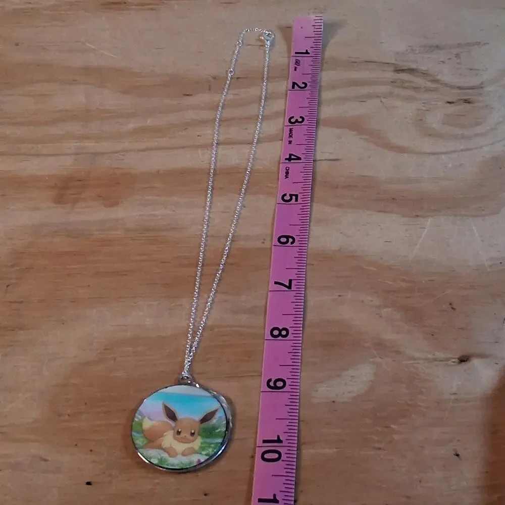 Handmade Pokemon Evee Necklace Silver Chain Round Resin Card Jewelry 10 In
